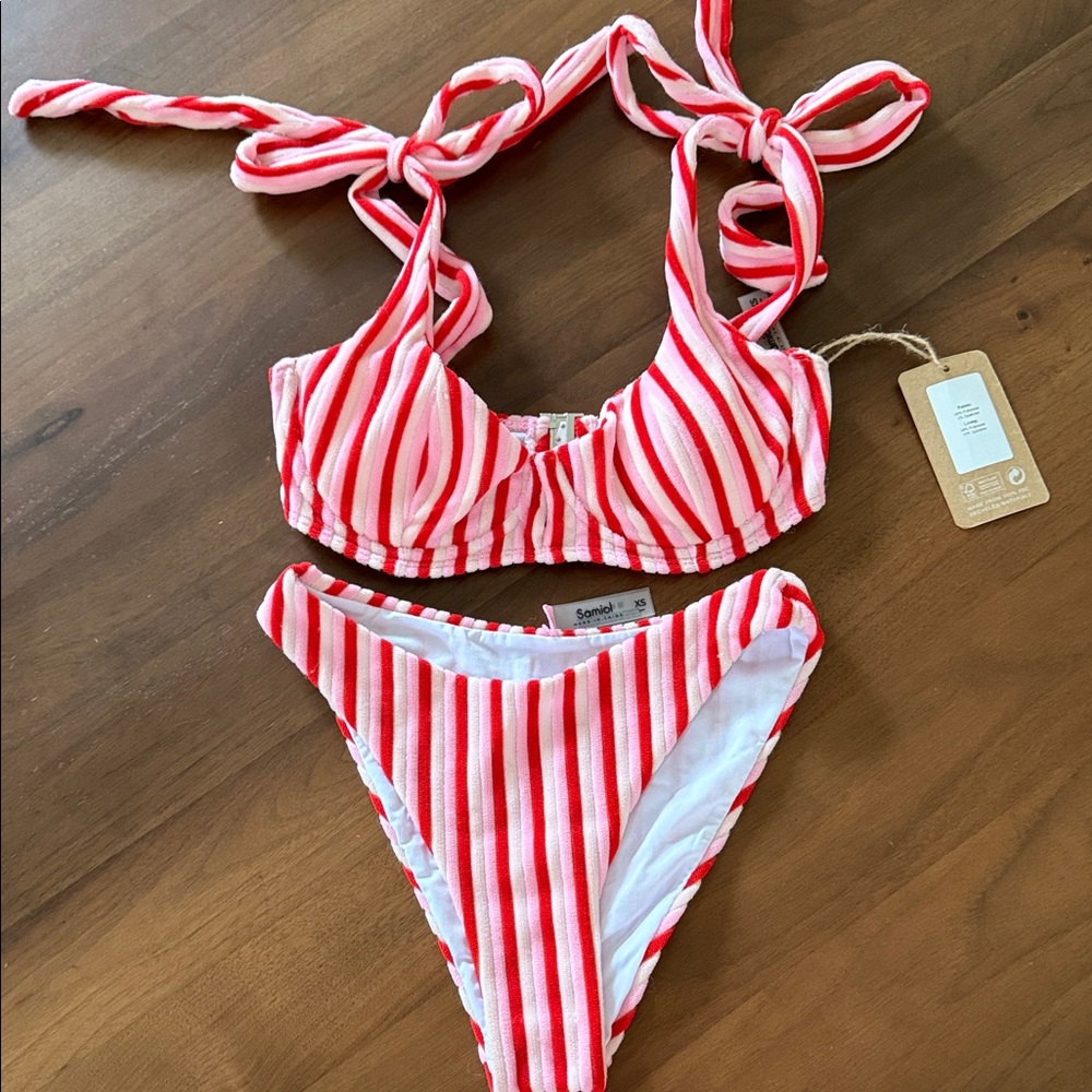 Red and White Striped Bikini Set